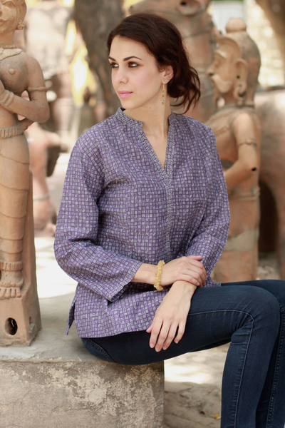 Cotton tunic, 'Lovely Lilac' - Gray and Purple Block Print Cotton Tunic from India