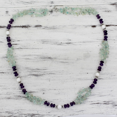 Aquamarine and amethyst beaded necklace, 'Beautiful Boldness' - Aquamarine Amethyst and Pearl Handcrafted Necklace
