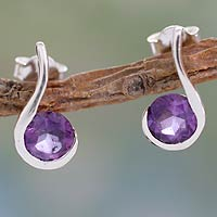 Amethyst drop earrings, 'Grape Droplet' - Amethyst and Sterling Silver Indian Earrings