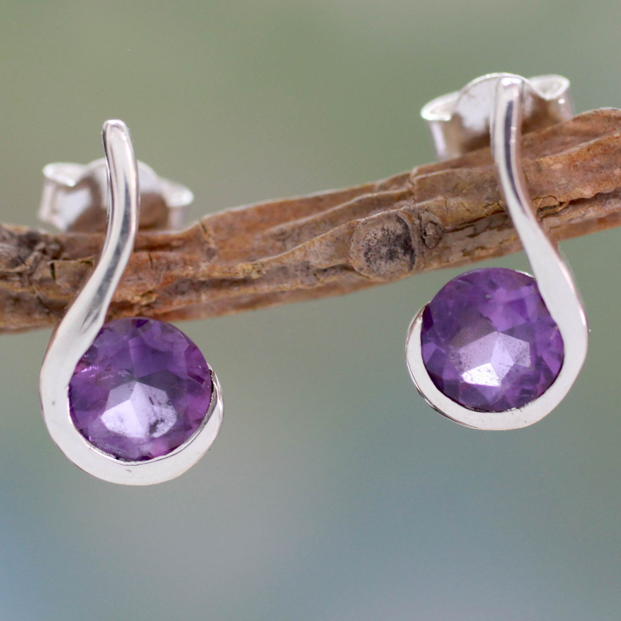 Amethyst and Sterling Silver Indian Earrings - Grape Droplet