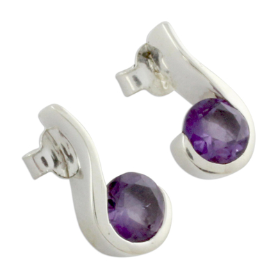 Amethyst drop earrings, 'Grape Droplet' - Amethyst and Sterling Silver Indian Earrings