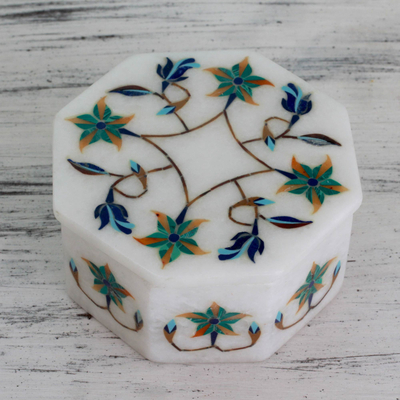Marble inlay jewelry box, 'Green Lily Garland' - Fair Trade Marble Inlay Jewelry Box