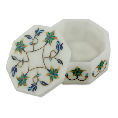 Marble inlay jewelry box, 'Green Lily Garland' - Fair Trade Marble Inlay Jewelry Box