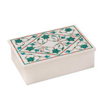 Marble inlay jewelry box, 'Mughal Ivy' - Handcrafted Marble Inlay Jewelry Box