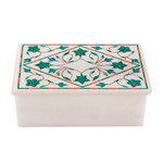 Marble inlay jewelry box, 'Mughal Ivy' - Handcrafted Marble Inlay Jewelry Box