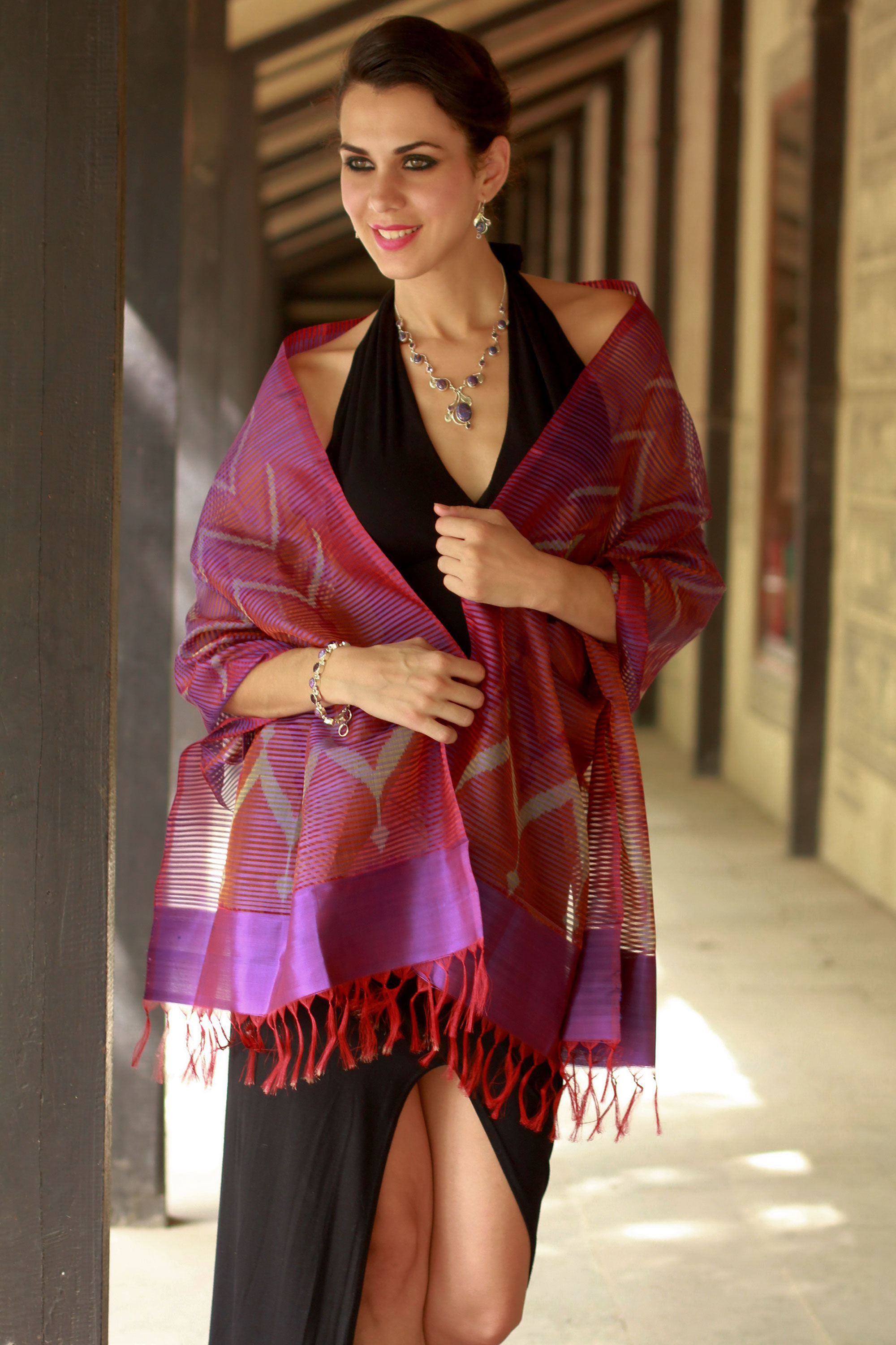 Purple Red Silk Shawl Wrap from India - Midnight Fantasy | NOVICA
