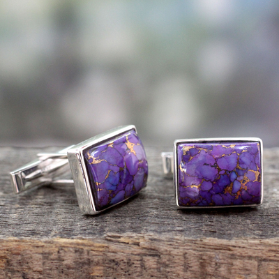 Sterling silver cufflinks, 'Bold Charisma' - Sterling Silver Cufflinks with Purple Stones