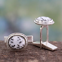 Dendritic agate cufflinks, 'Plenitude' - Dendritic Agate and Sterling Silver Cufflinks from India