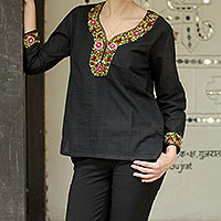 Cotton blouse, 'Ebony Blossoms' - Handwoven Floral Cotton Embroidered Black Tunic Top