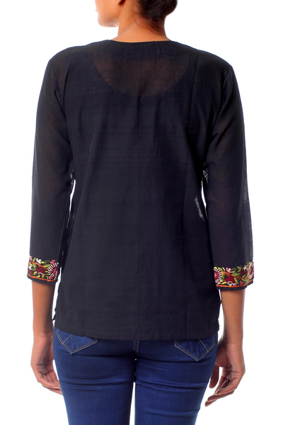 Cotton blouse, 'Ebony Blossoms' - Handwoven Floral Cotton Embroidered Black Tunic Top