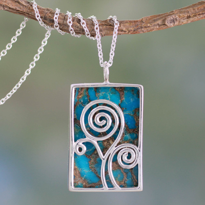 Sterling silver pendant necklace, 'Happy Tree' - Silver and Composite Turquoise Necklace India Modern Jewelry
