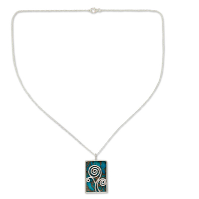 Sterling silver pendant necklace, 'Happy Tree' - Silver and Composite Turquoise Necklace India Modern Jewelry