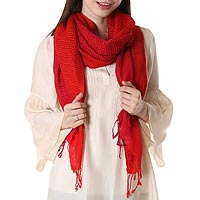 Wool shawl, 'Cherry Web' - Red Wool Shawl