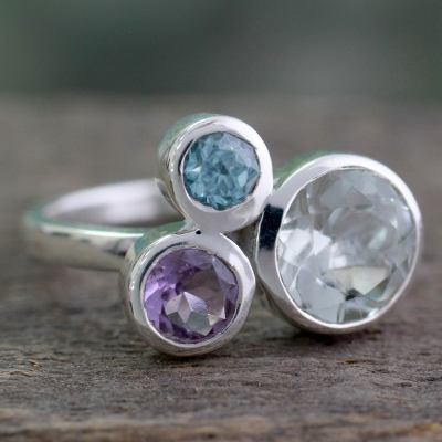 Prasiolite and amethyst cocktail ring, 'Glamorous Trio' - Prasiolite Amethyst and Blue Topaz Ring