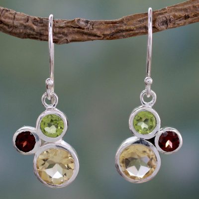 Citrine and garnet dangle earrings, 'Splendid Trio' - Citrine Garnet and Peridot Earrings