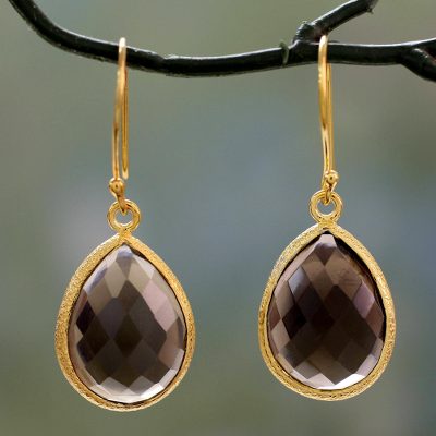 Vermeil smokey quartz dangle earrings, 'Nature's Brilliance' - 13.5 Cts Smokey Quartz and Vermeil Earrings