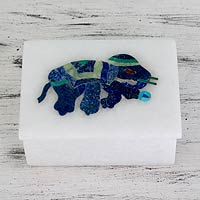 Marble inlay jewelry box, 'Dancing Blue Elephant'