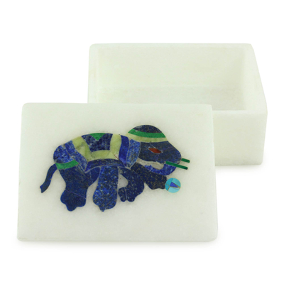Marble inlay jewelry box, 'Dancing Blue Elephant' - Blue Elephant Marble Inlay Jewelry Box