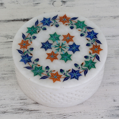 Marble inlay jewelry box, 'Garland of Dreams' - Floral Marble Inlay Jewelry Box