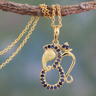 Vermeil sapphire pendant necklace, 'Ganesha's Om' - Sapphire and Gold Vermeil Necklace