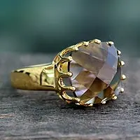 Vermeil smoky quartz single stone ring, 'Spell of Endurance' - Faceted 4 Ct Smoky Quartz and Vermeil Ring from India