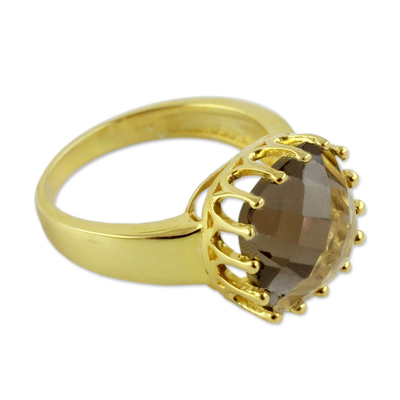 Vermeil smoky quartz single stone ring, 'Spell of Endurance' - Faceted 4 Ct Smoky Quartz and Vermeil Ring from India