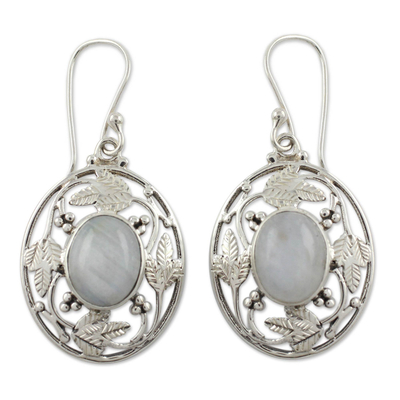 Rainbow moonstone dangle earrings, 'Moonlit Avatar' - Handcrafted Rainbow Moonstone and Sterling Silver Earrings