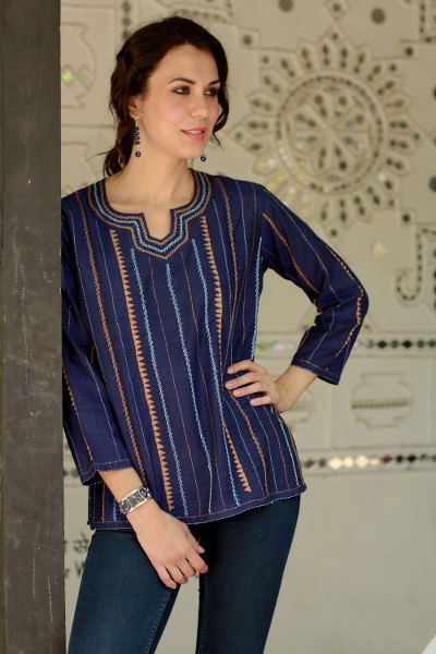 Cotton tunic, 'Sky Paths' - Hand Embroidered Blue Handwoven Cotton Blouse