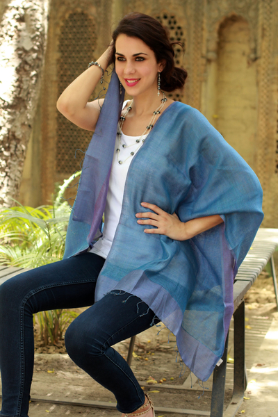 Silk reversible shawl, 'Blue Lilac' - 100% Natural Silk Shawl Reversible Wrap