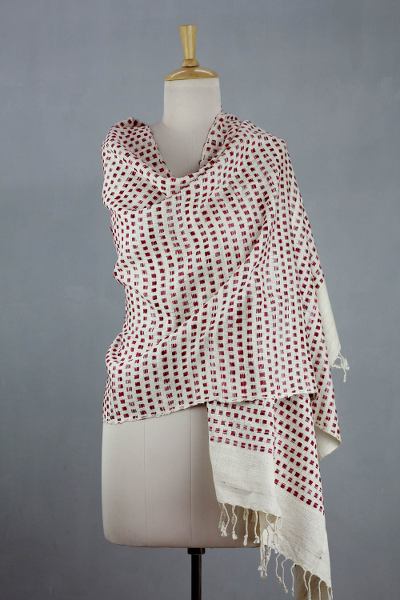 Silk shawl, 'Red Orissa Paths' - Red and Off-white Silk Shawl Wrap from India