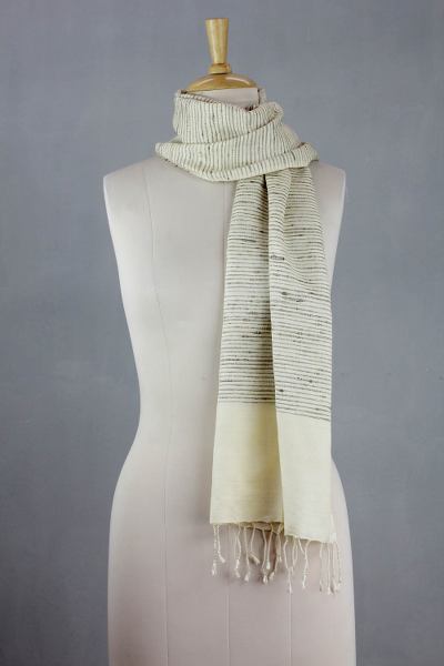 Silk shawl, 'Brown Parallels' - Hand-loomed Silk Scarf in Natural Colors