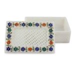 Marble inlay jewelry box, 'Jasmine Petals' - Jasmine Motif Marble Inlay Jewelry Box from India