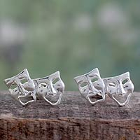 Sterling silver cufflinks, 'Twin Comedy and Drama Masks' - High Polished Sterling Silver Cufflinks