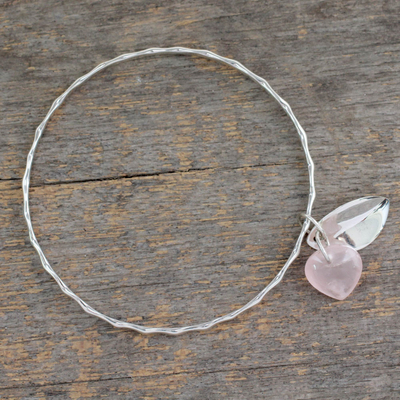 Rose quartz bangle bracelet, 'Glistening Dew' - Fair Trade jewellery Sterling Silver Bracelet with Rose Quar