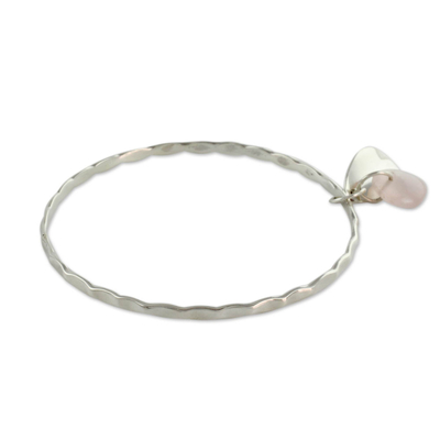 Rose quartz bangle bracelet, 'Glistening Dew' - Fair Trade Jewelry Sterling Silver Bracelet with Rose Quartz