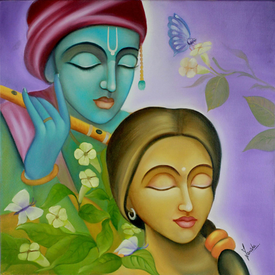 'Radha Krishna I' - Hinduistische Liebesgottheiten signierten hinduistische Gemälde