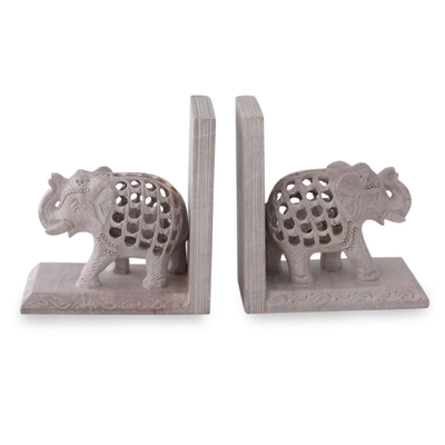 Soapstone bookends, 'Elephant Mom' (pair) - Hand Carved Indian Jali Soapstone Bookends