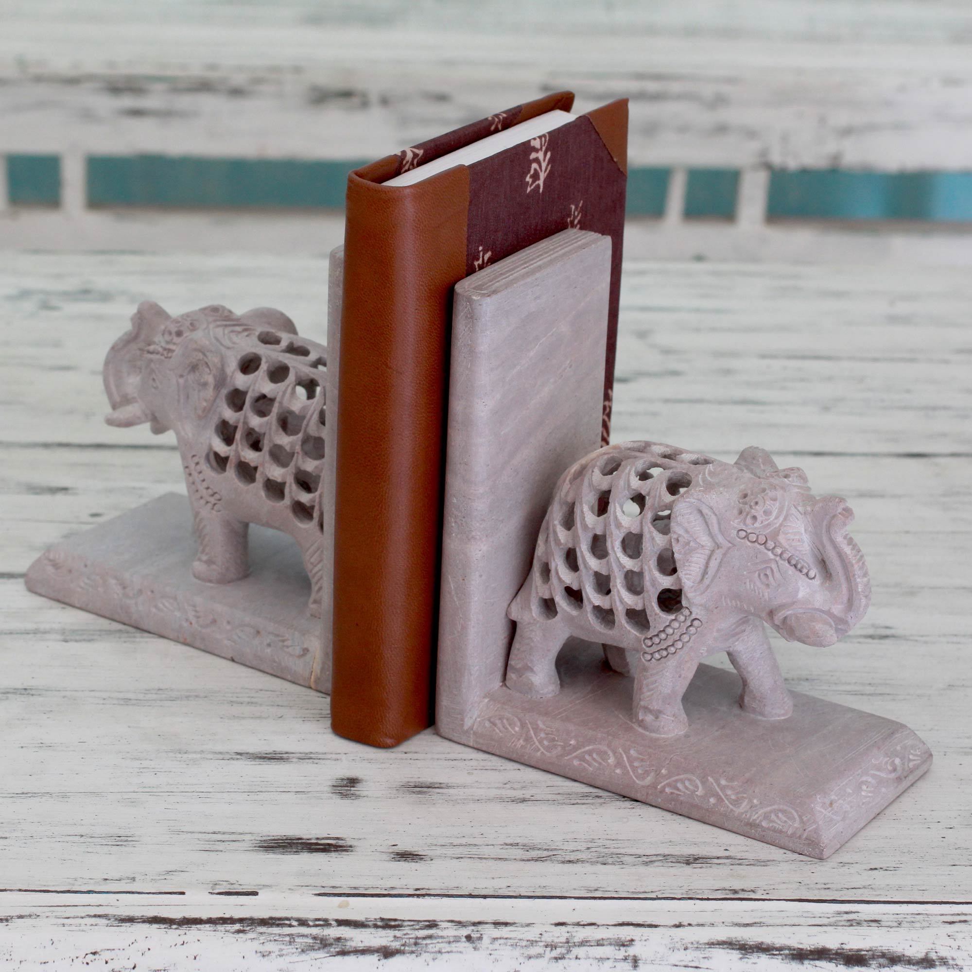 Hand Carved Indian Jali Soapstone Bookends Elephant Mom NOVICA