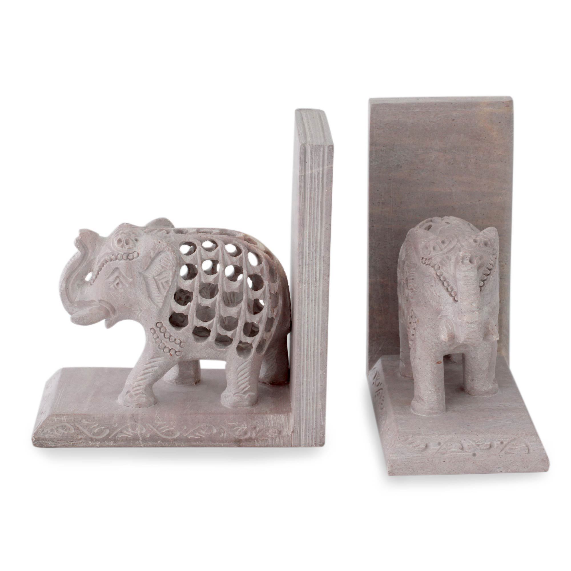 Hand Carved Indian Jali Soapstone Bookends Elephant Mom NOVICA