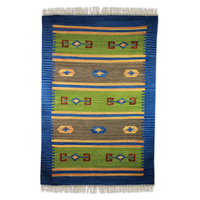 Wool dhurrie rug, 'Love of Nature' (4x6) - Blue and Green Wool Dhurrie
