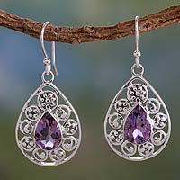 Amethyst dangle earrings, 'Dew-Kissed Lilacs' - Silver Jali Amethyst Earrings