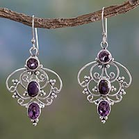 Amethyst dangle earrings, 'Purple Arabesque' - Artisan Crafted Amethyst Earrings with Composite Turquoise