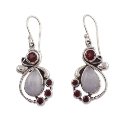 Garnet and rainbow moonstone dangle earrings, 'Exquisite' - Handmade Garnet Earrings with Rainbow Moonstone