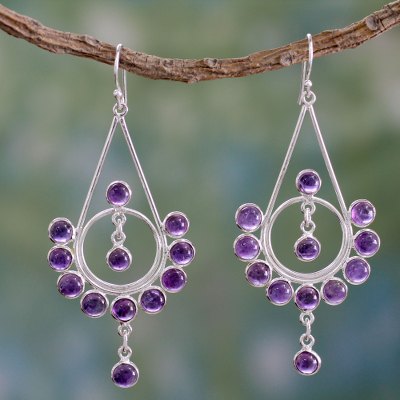 Amethyst chandelier earrings, 'Circles' - Artisan Crafted Sterling Silver and Amethyst Earrings