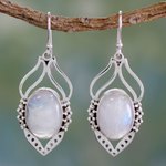 Rainbow moonstone dangle earrings, 'Passion Leaf' - Rainbow Moonstone Jewelry Indian Sterling Silver Earrings
