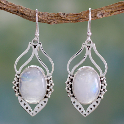 Rainbow moonstone dangle earrings, 'Passion Leaf' - Rainbow Moonstone Jewellery Indian Sterling Silver Earrings