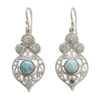 Larimar and blue topaz dangle earrings, 'Delhi Hope' - Fair Trade Larimar and Blue Topaz Sterling Silver Earrings