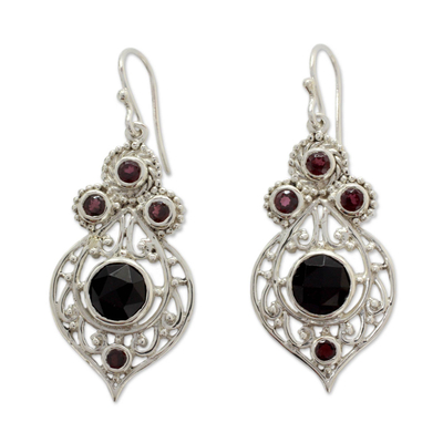 Onyx and garnet dangle earrings, 'Delhi Hope' - Fair Trade Onyx and Garnet Sterling Silver Dangle Earrings