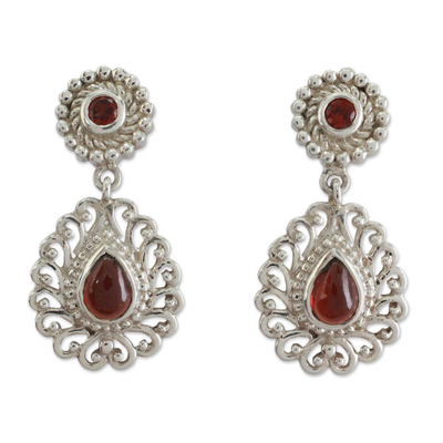 Garnet dangle earrings, 'Passion's Truth' - Garnet and Sterling Silver Earrings from India