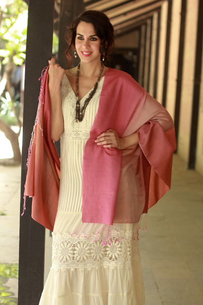 Silk and wool shawl, 'Rosy Blush' - Shaded Pink Shawl in Silk and Wool